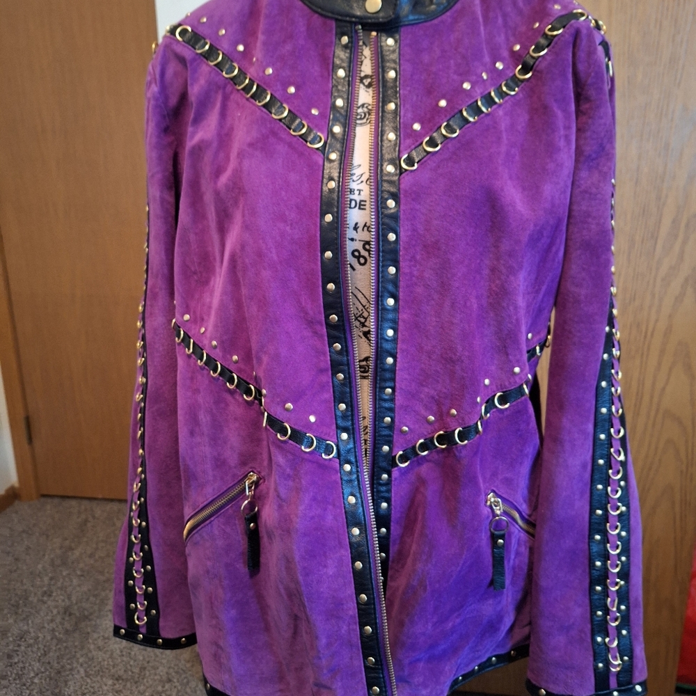 Linea by Louis Dell'Olio Purple Leather Jacket with Black Trim